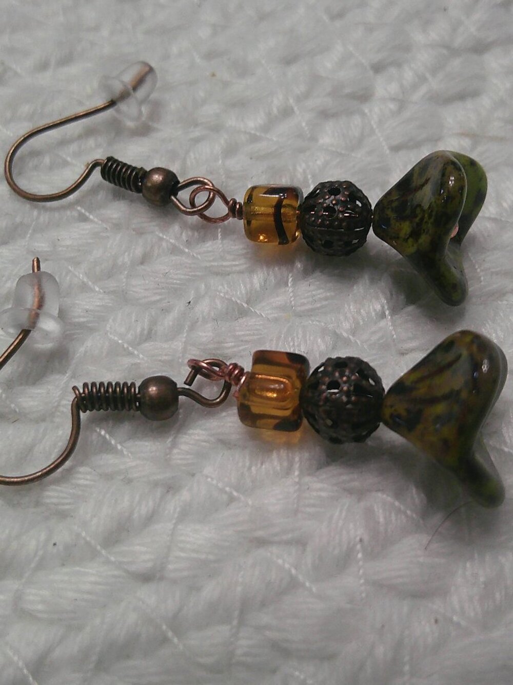 Rustic OLIVE SPOTTED CZECH FLOWER with AMBER BLOCK Handmade Copper Earrings 460F
